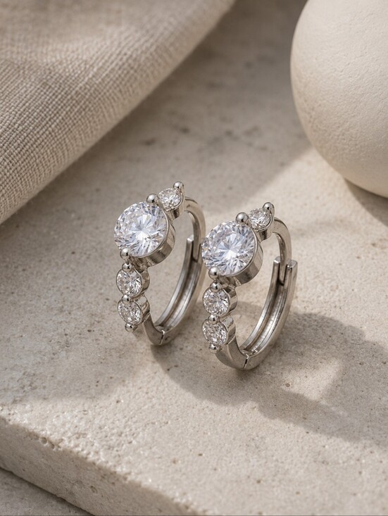 NKULTD Jewelry - Sterling Silver Cubic Zirconia Huggie Hoop Earrings Clean Girl Silver 0.45"